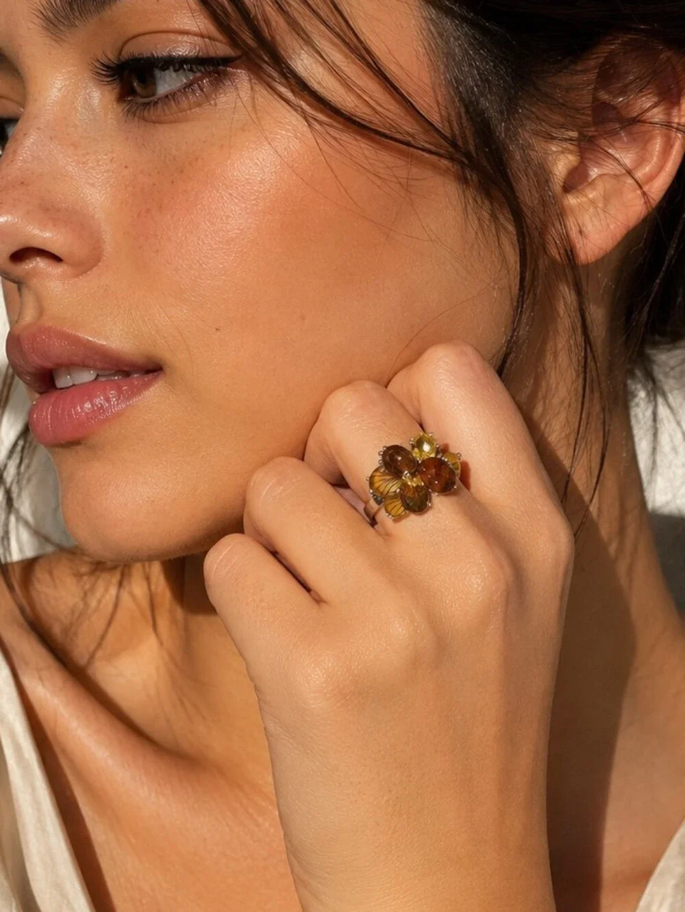 Tiger Eye Adjustable Statement Ring | Brown Beaded Crystal Fashion Ring